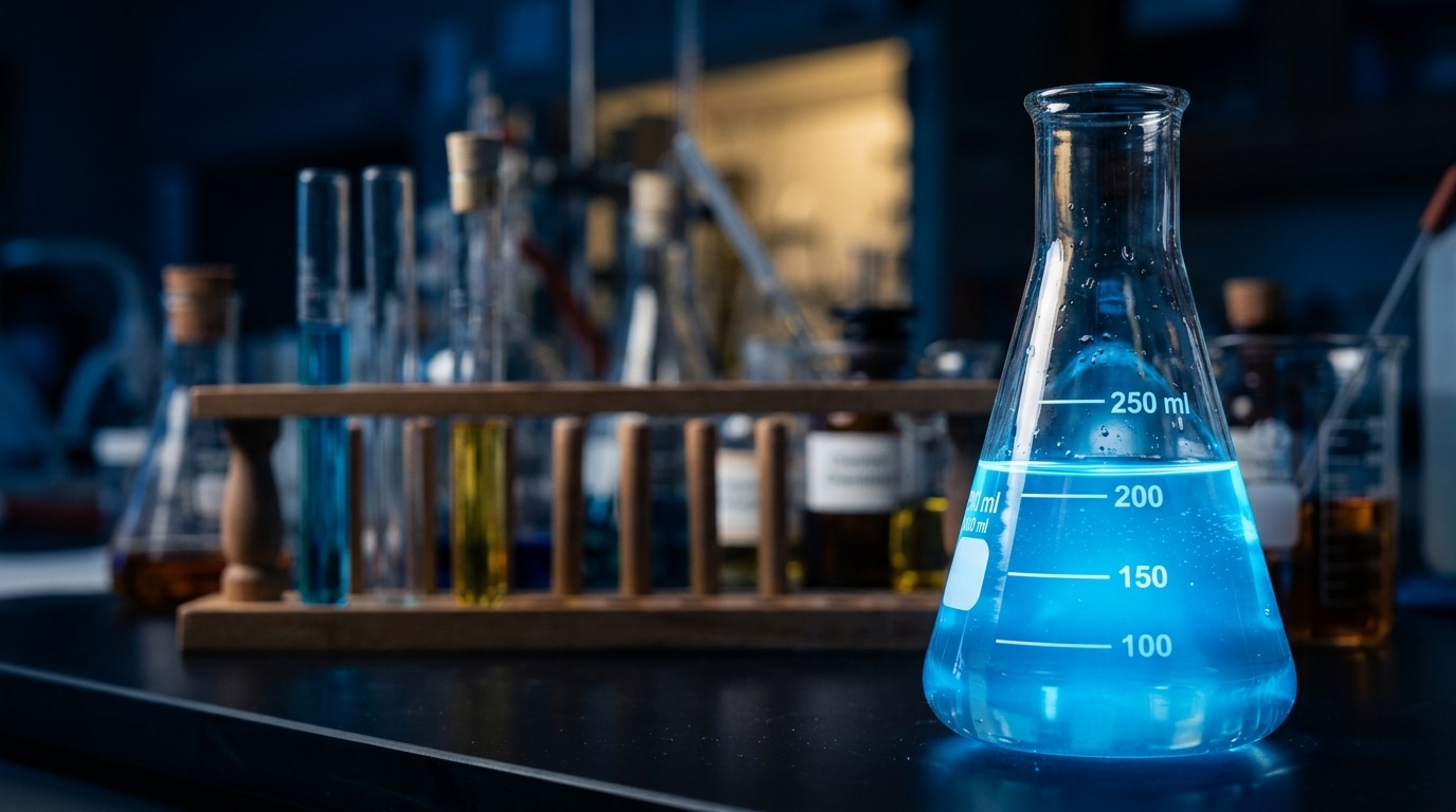 High-Purity Laboratory Chemical Conical Flask with Glowing Blue Solution