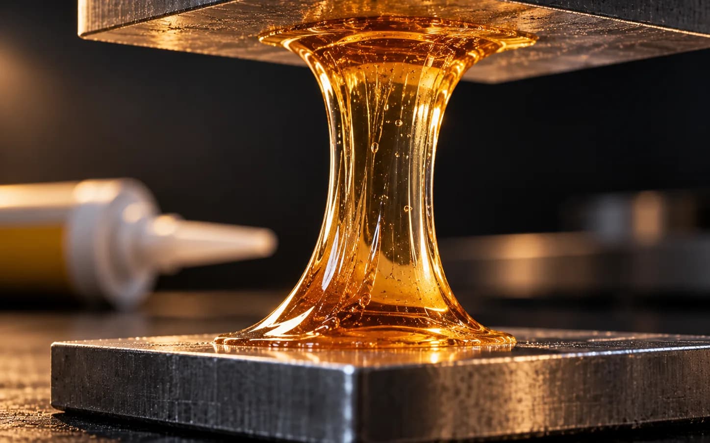 Amber resin stretching between two steel plates as an adhesive bond